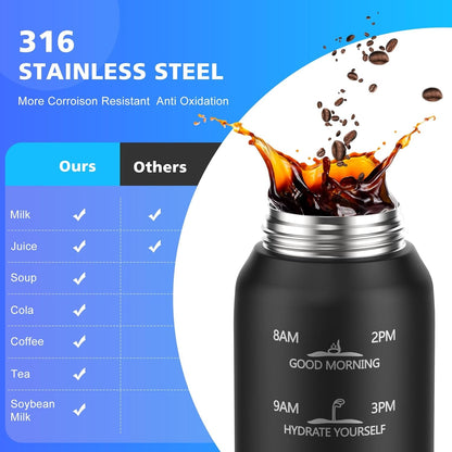 316 Stainless Steel Water Bottles 32Oz with Time Marker, 1000Ml Vacuum Insulated Bottle with Handle BPA Free, 1L Metal Water Flask Jug Great for Outdoor Working Camping BLACK