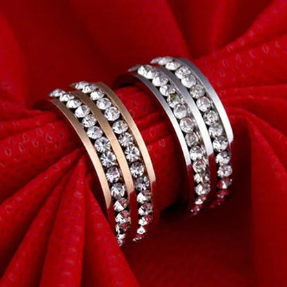Womens Men's Fashion Double Rows Crystal gold silver black Titanium Steel Wedding Jewelry Ring 6-11