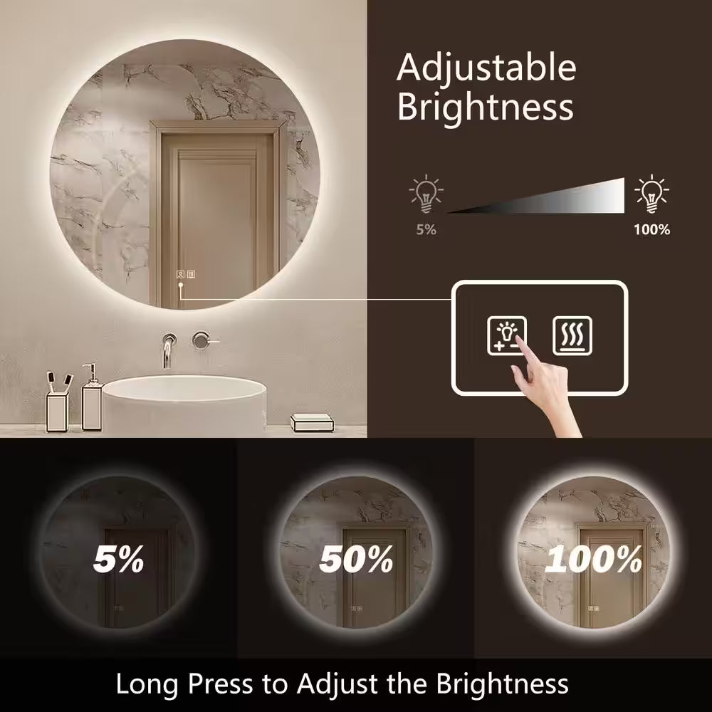 32 In. W X 32 In. H round Frameless LED Light with 3-Color and Anti-Fog Wall Mounted Bathroom Vanity Mirror