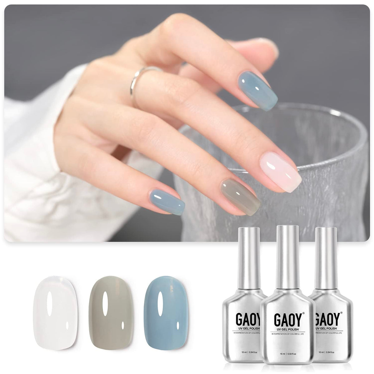 Gel Nail Polish Kit, 3 Colors Jelly Milky White Blue Gray, Sheer Soak Off UV Gel Polish Set - Cloudy Coast