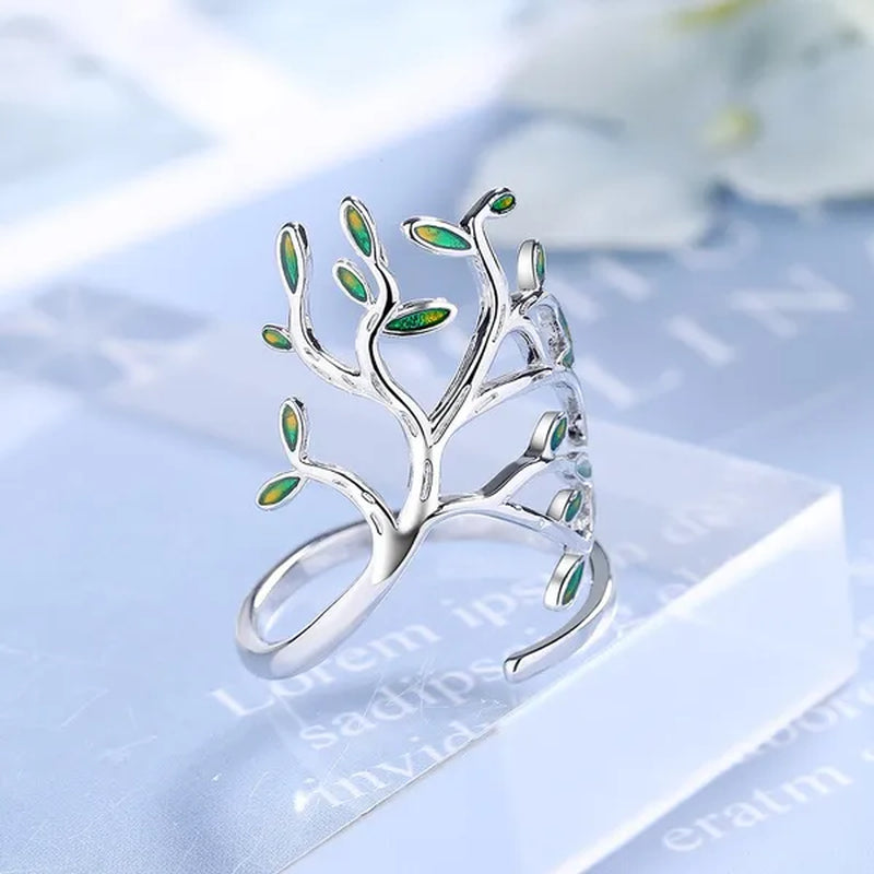 925 Sterling Silver Tree of Life Green Tree Leaves Adjustable Finger Rings for Women Sterling Silver Jewelry Wedding Party Gift