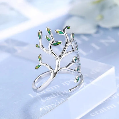 925 Sterling Silver Tree of Life Green Tree Leaves Adjustable Finger Rings for Women Sterling Silver Jewelry Wedding Party Gift