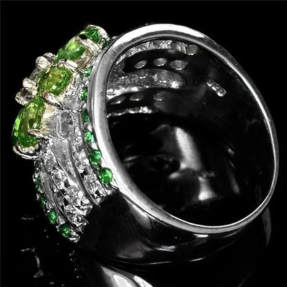 925 Sterling Silver Rings Oval Cut 12.17CT Natural Tsavorite Chrome Diopside Diamond Cocktail Ring Party Wedding Bands