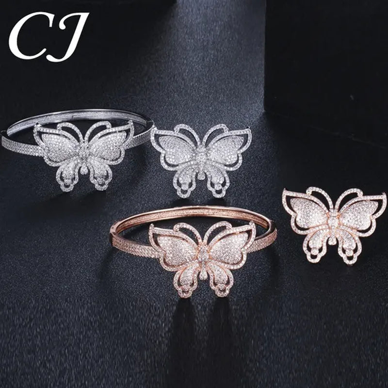 CANDICE High Quality Rose White Gold Plated Full Pave Tiny Crystal Stone Big Butterfly Shape Ring and Bangle Bracelet Party Jewelry Set for Women Christmas Gift