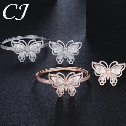 CANDICE High Quality Rose White Gold Plated Full Pave Tiny Crystal Stone Big Butterfly Shape Ring and Bangle Bracelet Party Jewelry Set for Women Christmas Gift