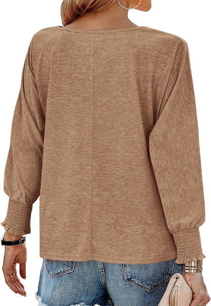 Womens Long Sleeve Tops Fall Outfits 2024 Dressy Casual Crew Neck Tee Shirts Smocked Loose Top Tunic Blouse
