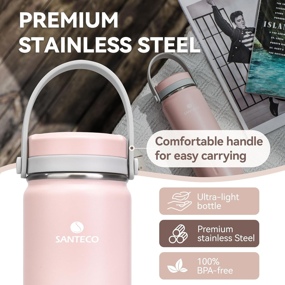 13Oz Wide Mouth Vacuum Insulated with Handle, Stainless Steel Water Bottle with Leakproof Sloseable Lid for Cold Water Drinks, Sports, Travel, Car and Yoga