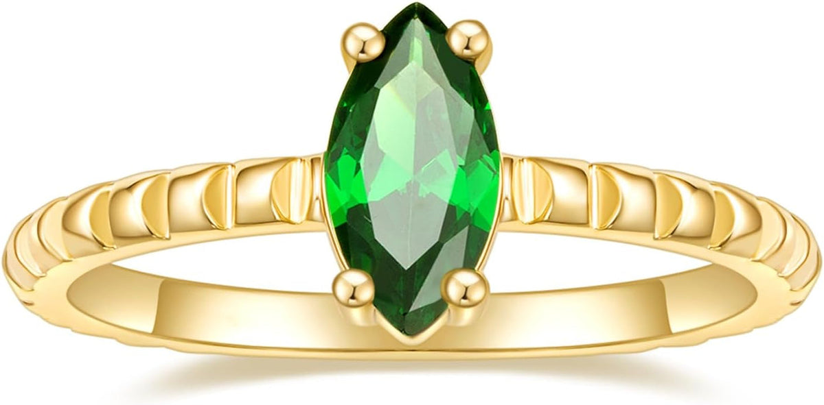 14K Gold Plated Engagement Rings for Women Created Green Emerald Solitaire Emerald Oval Marquise Cut Wedding Band Promise Ring for Her Size 5-10