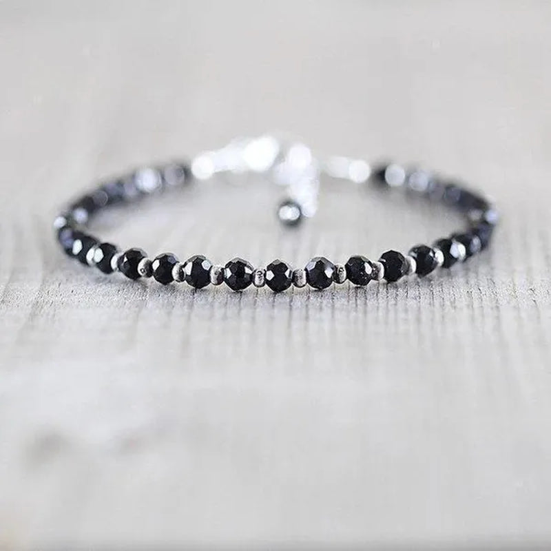 Black Spinel, Sterling & Karen Hill Tribe Silver Bracelet Boho Beaded Gemstone Bracelet Dainty Stacking Bracelet
