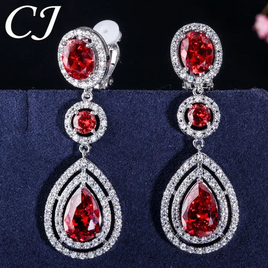 CANDICE Red Pear Cut Crystal Long Dangle Earrings Without Piercing Women CZ Non Hole Clip on Ear Jewelry Bridal Accessories