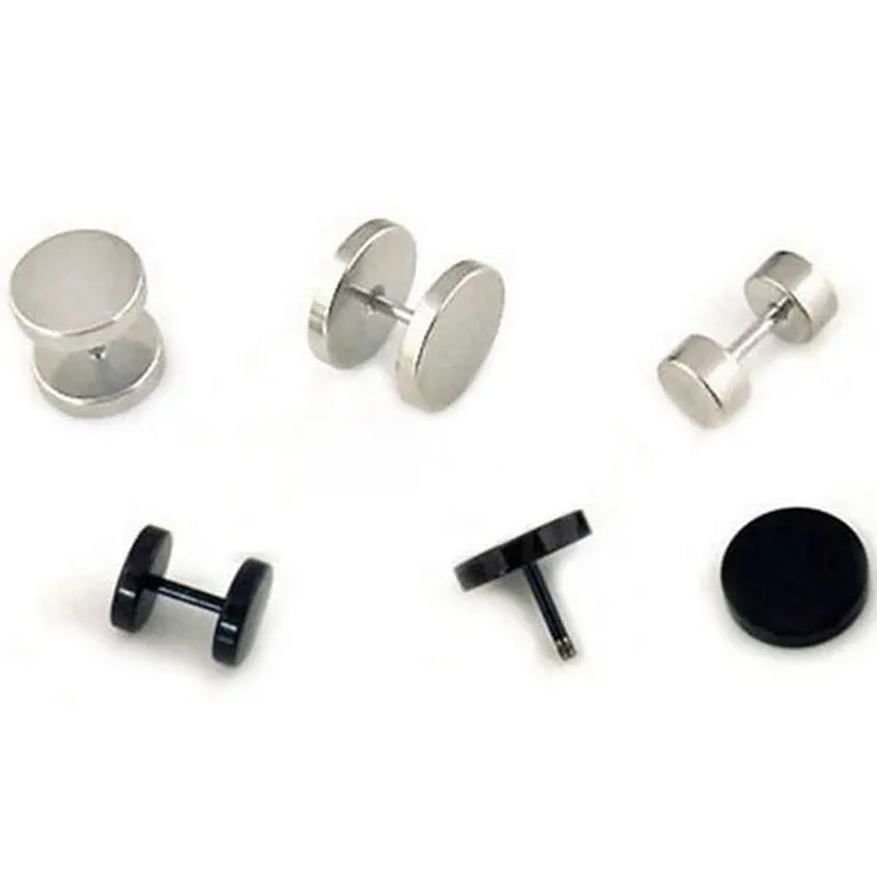 Punk Style Black Silver Stud Earrings Unisex Man Woman Earrings round Barbell Ear Stud Fashion Ear Piercing Jewelry Fake Plug 1 Pair