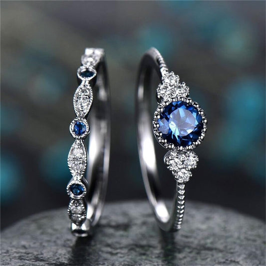 Fashion 2PCS 925 Sterling Silver Natural Sapphire Ring round Cut Cubic Zirconia Promise Rings CZ Classical Eternity Engagement Wedding Band Ring Set for Women (US Code 8)