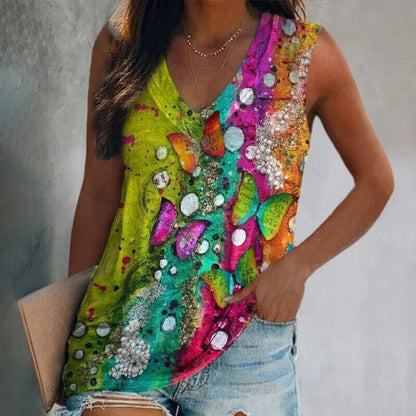Ethnic Style Multi-pattern Print Sleeveless T-shirt Women's Vest V-neck Casual Loose Shirts Blouse Tank Top Camisoles