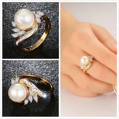 Gold Womens Girls Band Ring for Wedding Promise Engagement Copper Cubic Zirconia Freshwater Cultured Pearl Ring Size 5-12