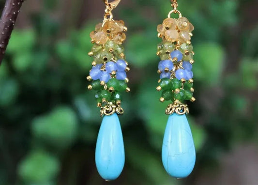 Multi Gemstone Cluster Earring.Blue Turquoise.Citrine.Peridot.Aqua.Emerald.Jade.