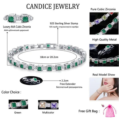 CANDICE Brilliant Square Multicolor Cubic Zirconia Crystal Pave Sterling Silver Plated Fashion Tennis Bracelet For Women Summer Jewelry