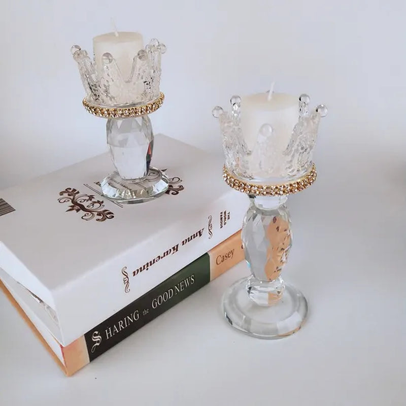 Crown Candlestick Candle Holder Transparent Glass Crystal Wedding Home Decor Big Tealight Candle Stand
