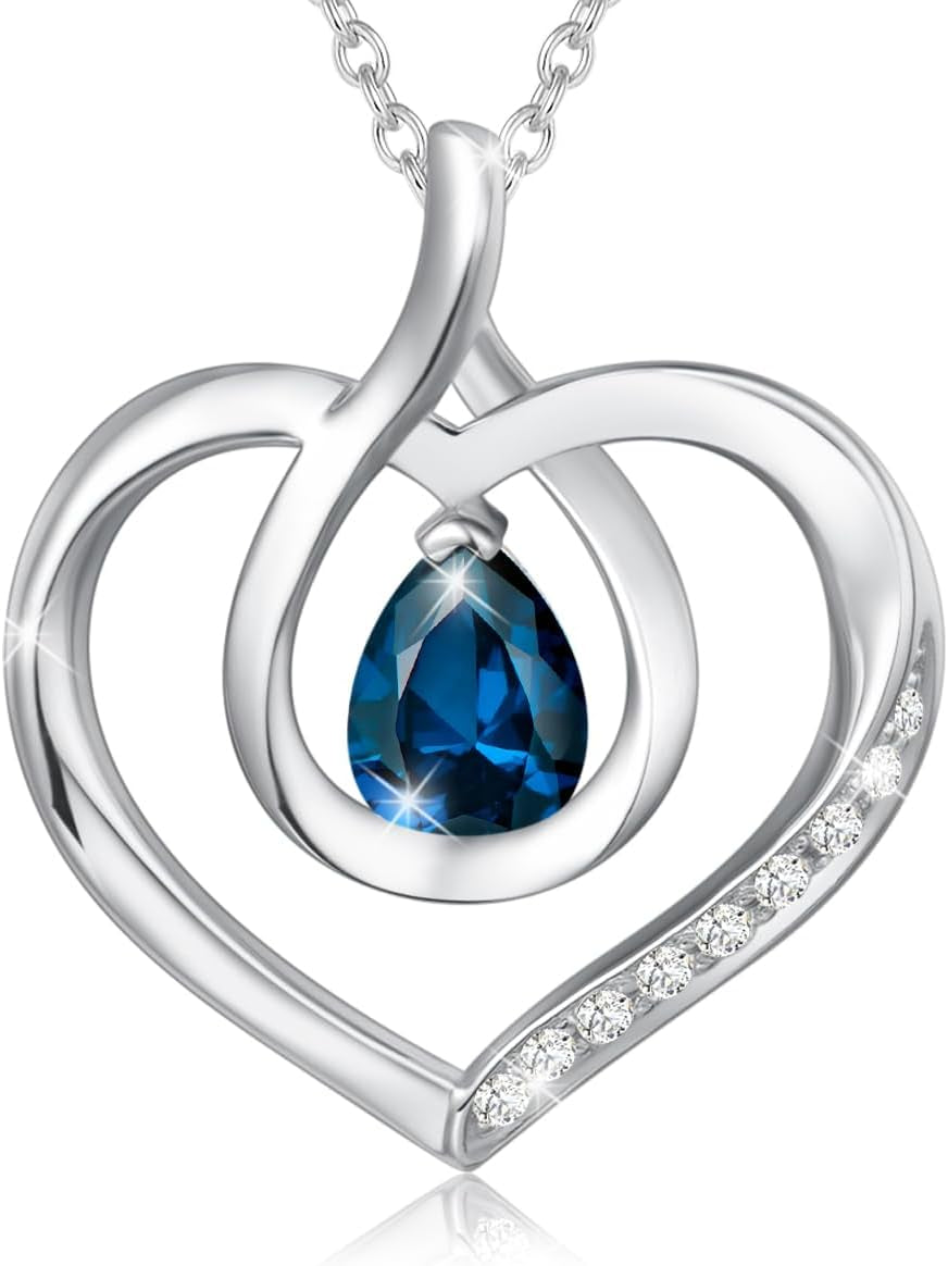 Heart Birthstone Necklace for Women Sterling Silver Genuine or Created Gemstone Forever Love Pendant Necklace Fine Jewelry Anniversary Birthday Gifts for Women Mom Wife Her