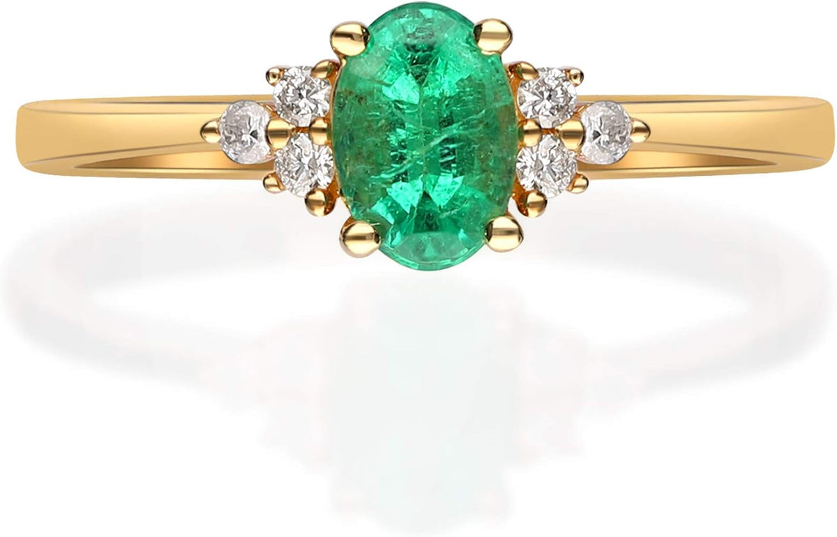 10K Yellow Gold Natural Zambian Emerald Ring with Natural Diamonds for Women | Ethically, Authentically & Organically Sourced Oval-Cut Emerald Hand-Crafted Jewelry for Her | Emerald Ring for Women.