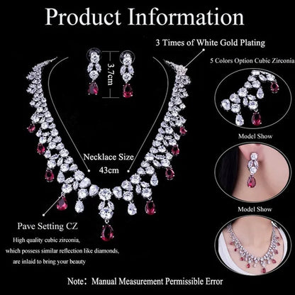 Gloriya Luxury Wedding Bridal Party Jewelry Set For Women White Gold Plated Red Cubic Zirconia Tear Drop Earrings Necklace Sets