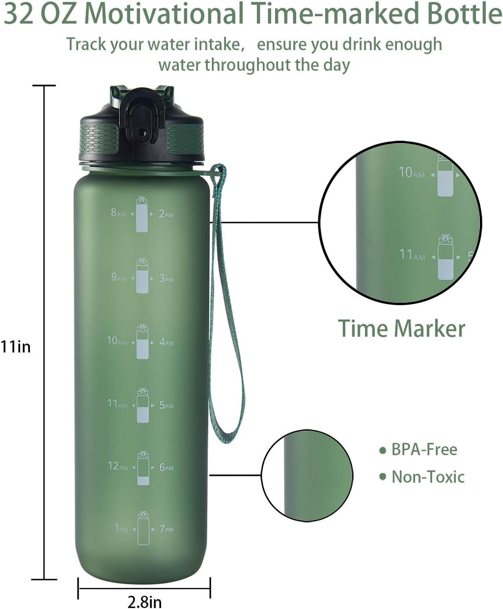 32 Oz Water Bottle with Time Marker, Carry Strap, Leak-Proof Tritan Bpa-Free, Ensure You Drink Enough Water for Fitness, Gym, Camping, Outdoor Sports