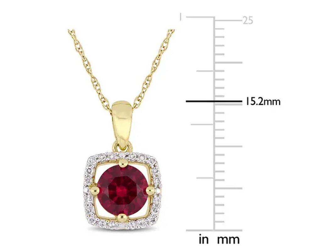 1.00 Carat (ctw) Lab Created Ruby Solitaire Pendant Necklace in 10K Yellow Gold with Diamonds 1/10 (ctw I2-I3) and Chain
