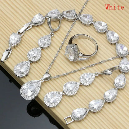 Water Drop 925 Sterling Silver Jewelry Red Ruby White Topaz Jewelry Sets Women Earrings/Pendant/Necklace/Rings/Bracelet