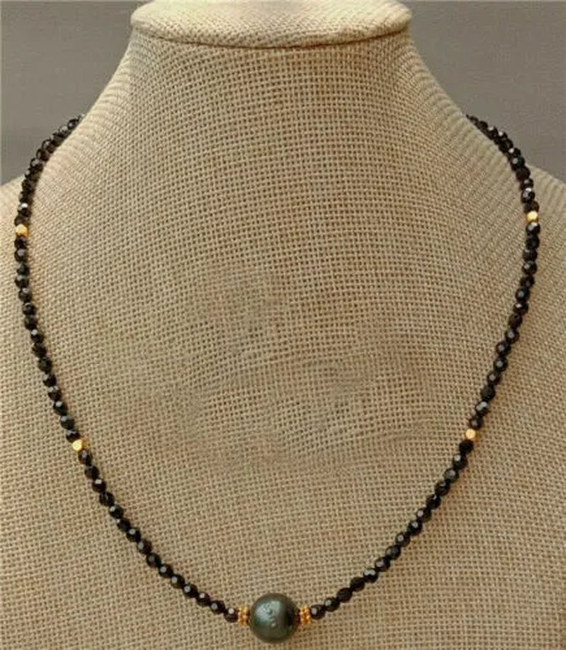18" Natural 4Mm Faceted Black Spinel Tahitian Pearl Necklace