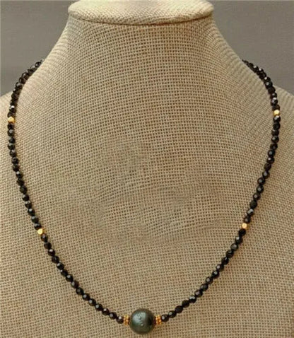 18" Natural 4Mm Faceted Black Spinel Tahitian Pearl Necklace