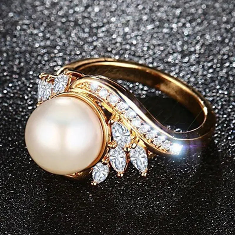 Gold Womens Girls Band Ring for Wedding Promise Engagement Copper Cubic Zirconia Freshwater Cultured Pearl Ring Size 5-12