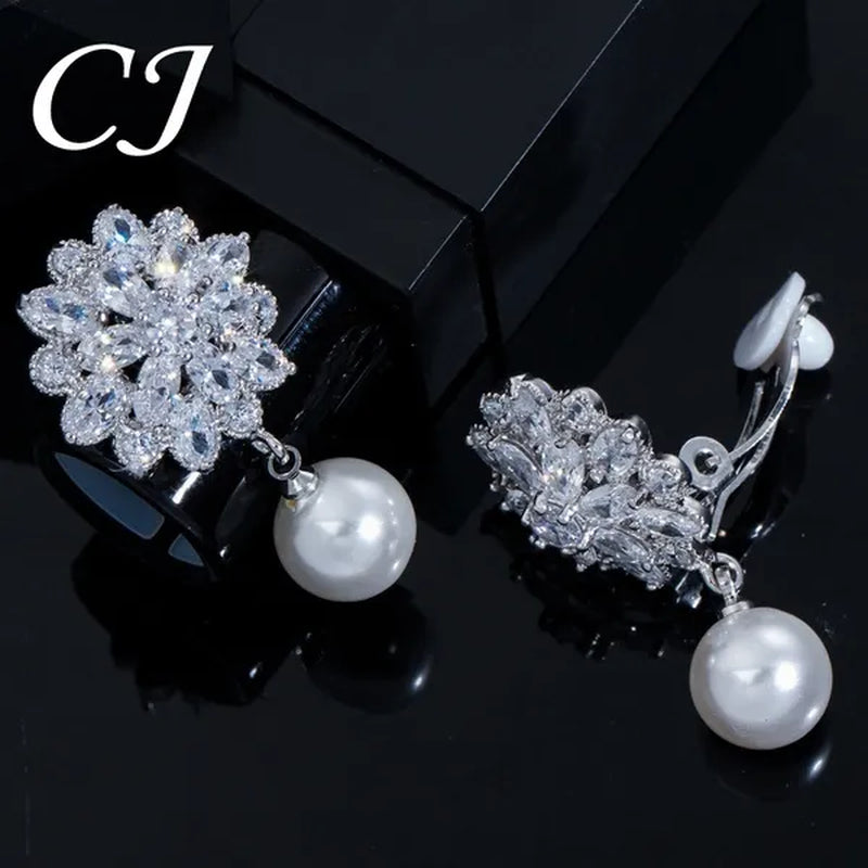 CANDICE White Gold Plated Beautiful CZ Zirconia Stones Snowflake Drop Women Party Clip On Pearl Earrings Without Piercing Jewelry for Non Hole Ears
