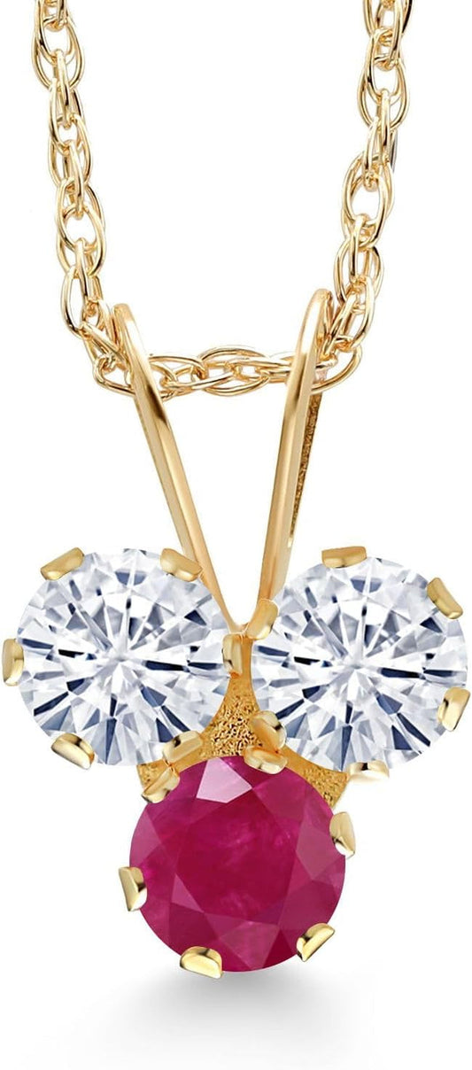14K Yellow Gold White Moissanite and Red Ruby 3-Stone Pendant Necklace for Women (0.36 Cttw, Gemstone, round 3MM, 18 Inch Chain)