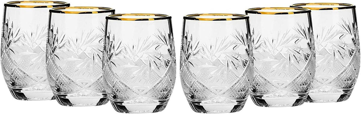SET of 6 Russian Cut Crystal Shot Shooter Glasses 24K Gold Rimmed 1.7 Oz. Vodka Liquor Old-Fashioned Glassware Hand Made