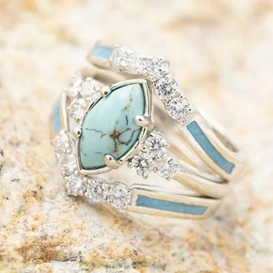 Newest 3Pcs/Set Women'S 18 K Gold Multilayer Hollow Turquoise Ring Band Exquisite Moissanite Engagement Wedding Rings Ethnic Anniversary Birthday Christmas Gift Jewelry