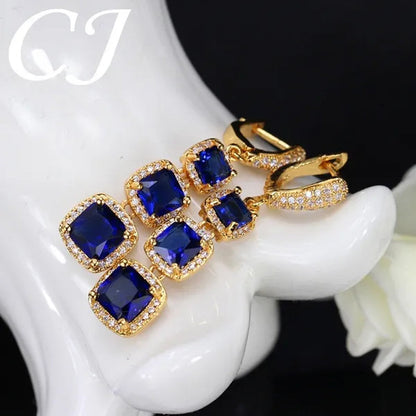 CANDICE Luxury Yellow Gold Plated Drop Earrings Jewelry Square Red Cubic Zircon Stones Long Earring for Women