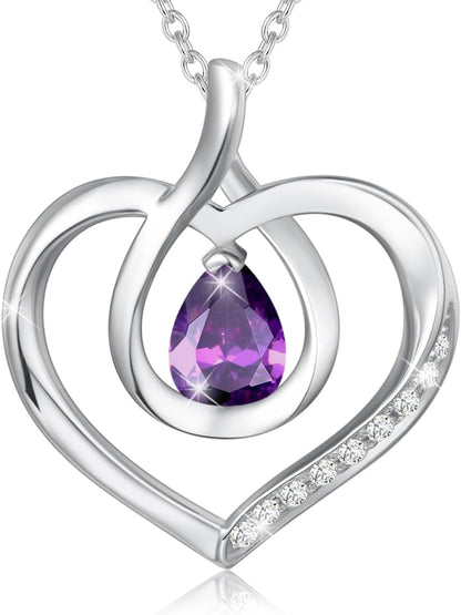 Heart Birthstone Necklace for Women Sterling Silver Genuine or Created Gemstone Forever Love Pendant Necklace Fine Jewelry Anniversary Birthday Gifts for Women Mom Wife Her