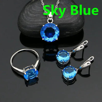 925 Sterling Silver Jewelry Sets Green Emerald Earrings Ring Pendant Neckalce Round Jewelry Women Accessories
