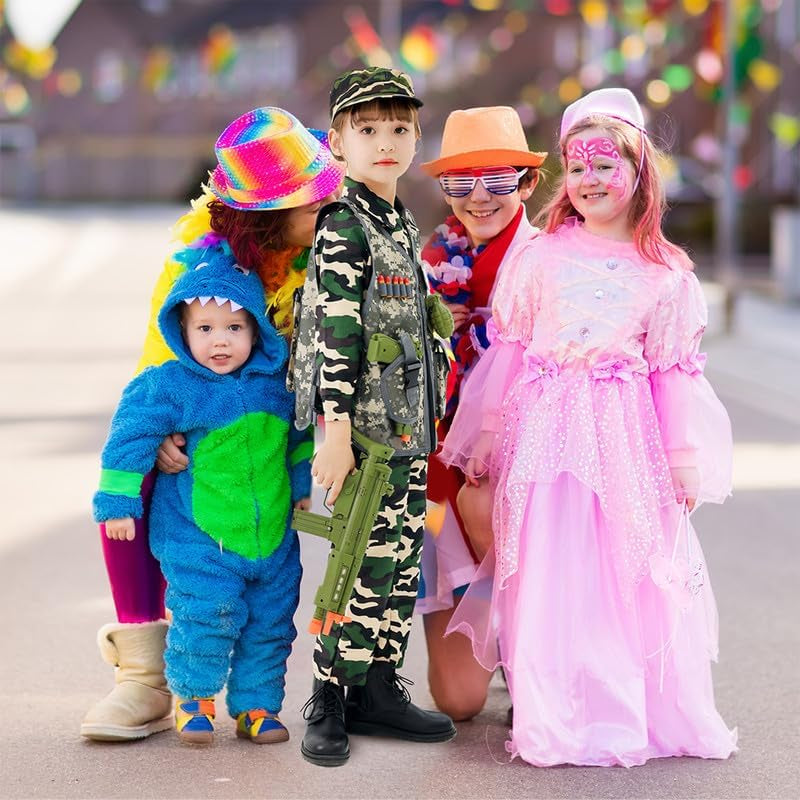 Army Uniform Cosplay Costume Soldier Outfits with Clothes, Tatical Vest and Other Toys Acessories for Kids