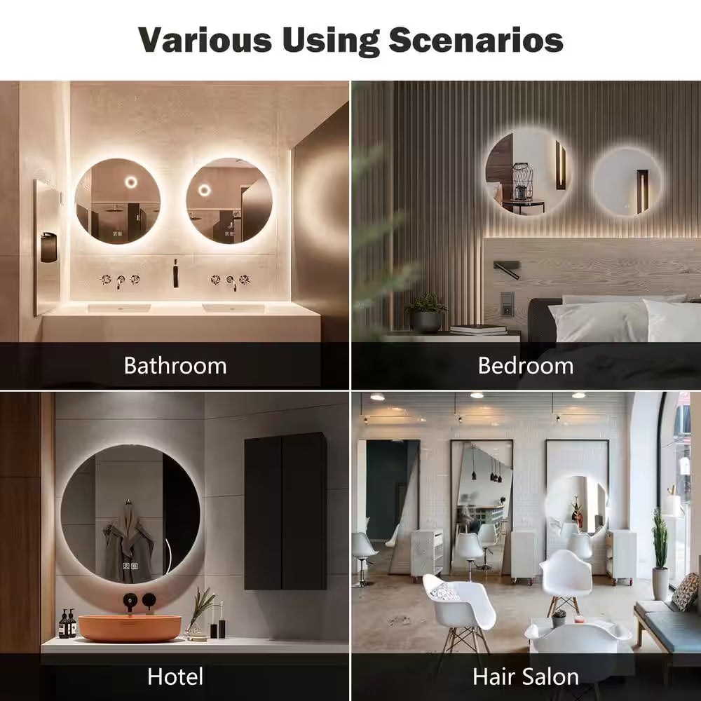 32 In. W X 32 In. H round Frameless LED Light with 3-Color and Anti-Fog Wall Mounted Bathroom Vanity Mirror