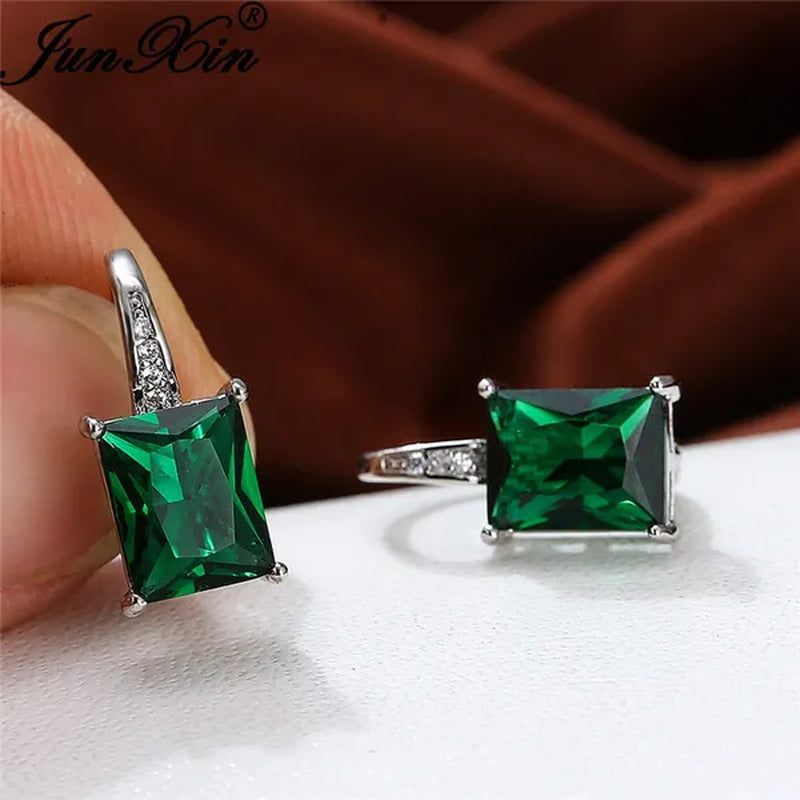 1Pair 925 Sterling Silver 14K White Gold Hoop Earrings New Fashion Rectangle Cut Green Emerald Diamond Earrings Drop Dangle Earrings Princess Gift