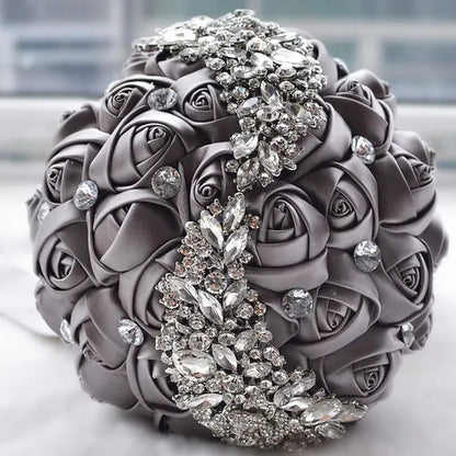 18CM Silk Rose Ribbon Wedding Bouquet Shiny Diamond Brooch Bridal Bouquet Creative Handmade DIY Bridesmaids Holding Flowers Wedding Party Simulation Flower