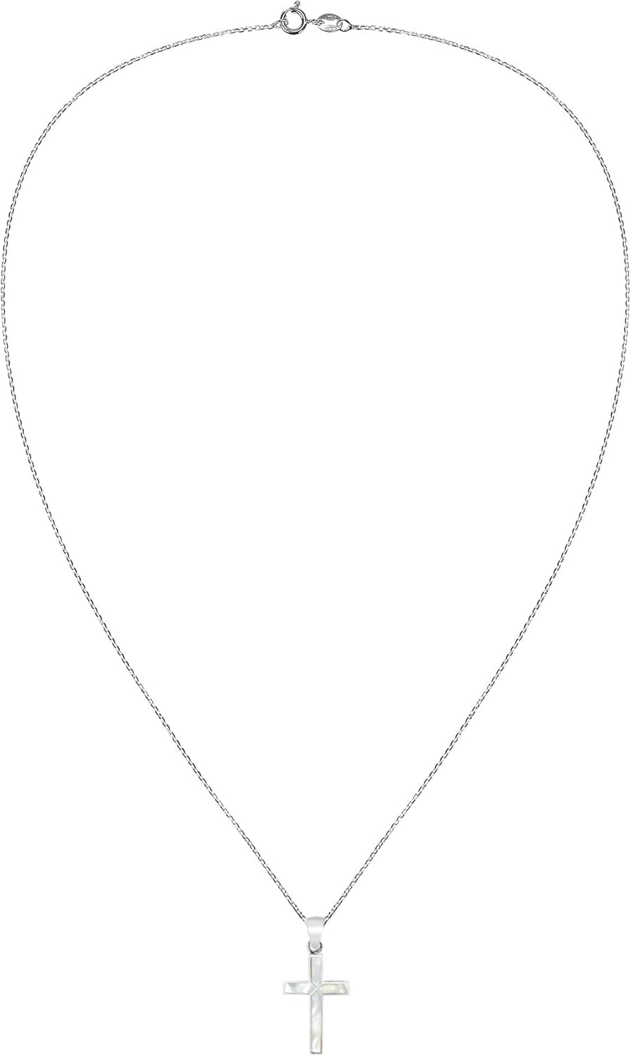 Cross of Faith Necklace – 925 Sterling Silver 18 Inch Chain | Iridescent Shell and Stone Pendant | Perfect Religious Gift