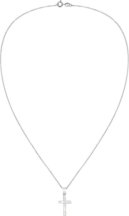Cross of Faith Necklace – 925 Sterling Silver 18 Inch Chain | Iridescent Shell and Stone Pendant | Perfect Religious Gift