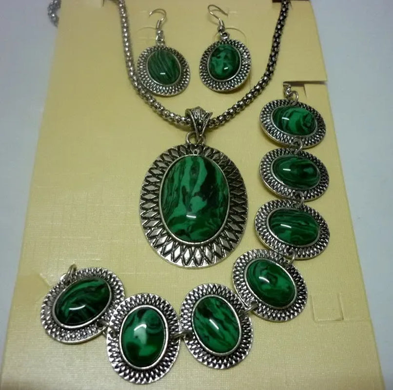 Natural Malachite Stone Carved Tribal Lady's Vintage Silver Jewelry Oval Earrings Necklace Bracelet Sets