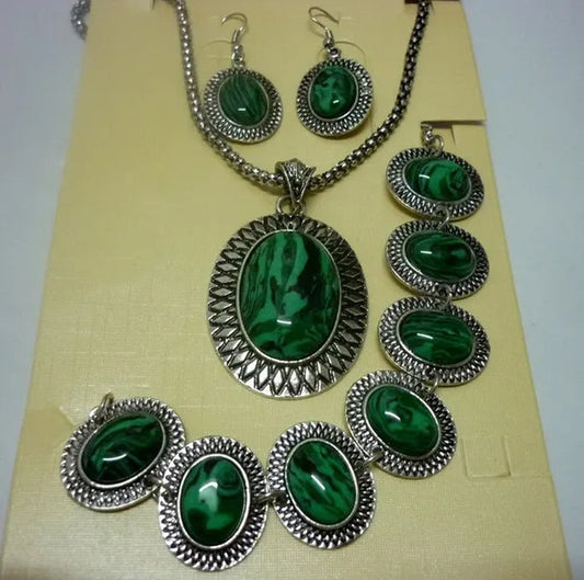 Natural Malachite Stone Carved Tribal Lady's Vintage Silver Jewelry Oval Earrings Necklace Bracelet Sets