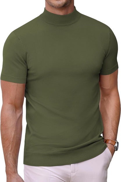 Mens Mock Turtleneck Sweater Short Sleeve Solid Color T-Shirts Basic Slim Fit Knitted Pullover Tees