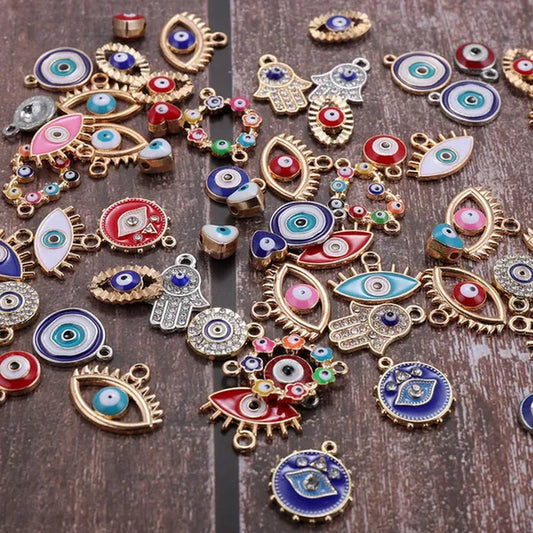 30pcs Mix Alloy Colored Enamel Rhinestone Diamond Evil Eye Charms Jewelry Connectors for DIY Bracelet Necklace Jewerly