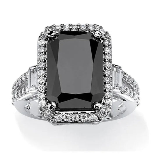 Fashion Silver Plated Filled emerald Cut Natural Obsidian & Lab Diamond Lover Wedding Ring Jewelry