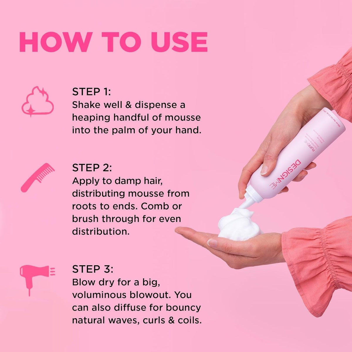 PUFF.ME Hair Volumizing Mousse | Lightweight & Flexible Hold Hair Mousse for Curls, Waves, or Straight Hair | Paraben & Sulfate-Free Hair Volumizer for Fine Hair with Vitamin B5 & E, 250Ml
