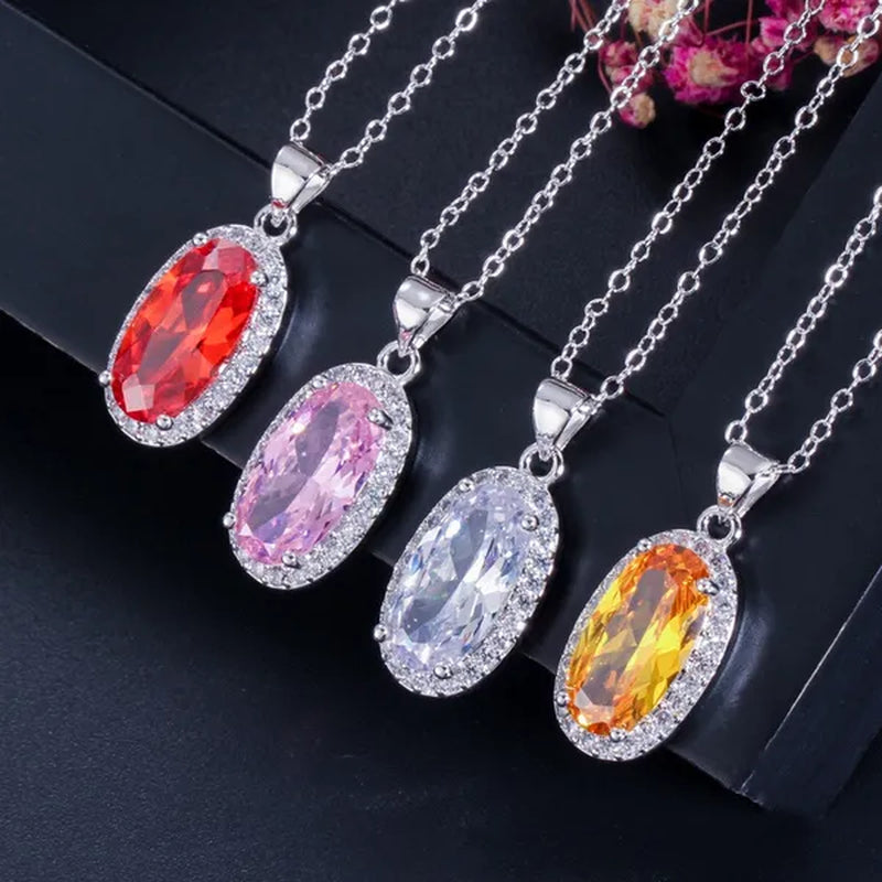Gloriya Brand 925 Sterling Silver Bright Oval Yellow Topaz Crystal with White CZ Pendant Necklace Earrings and Ring Set for Women Gorgeous Cocktail Party Jewelry Sets
